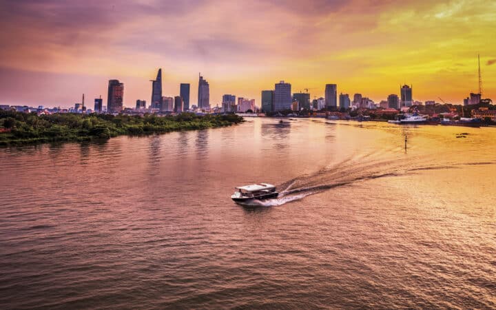 Les Rives speedboat on Saigon River at Sunset